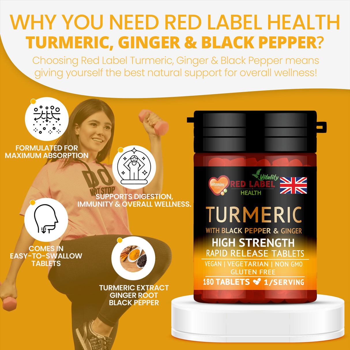 Turmeric 180 Tablets 2620mg with Black Pepper & Ginger