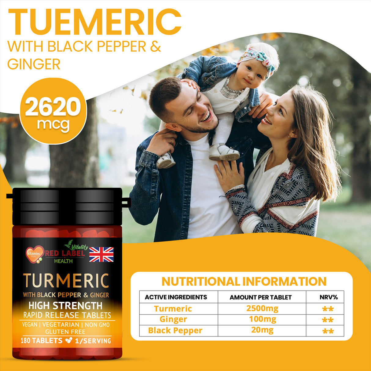 Turmeric 180 Tablets 2620mg with Black Pepper & Ginger