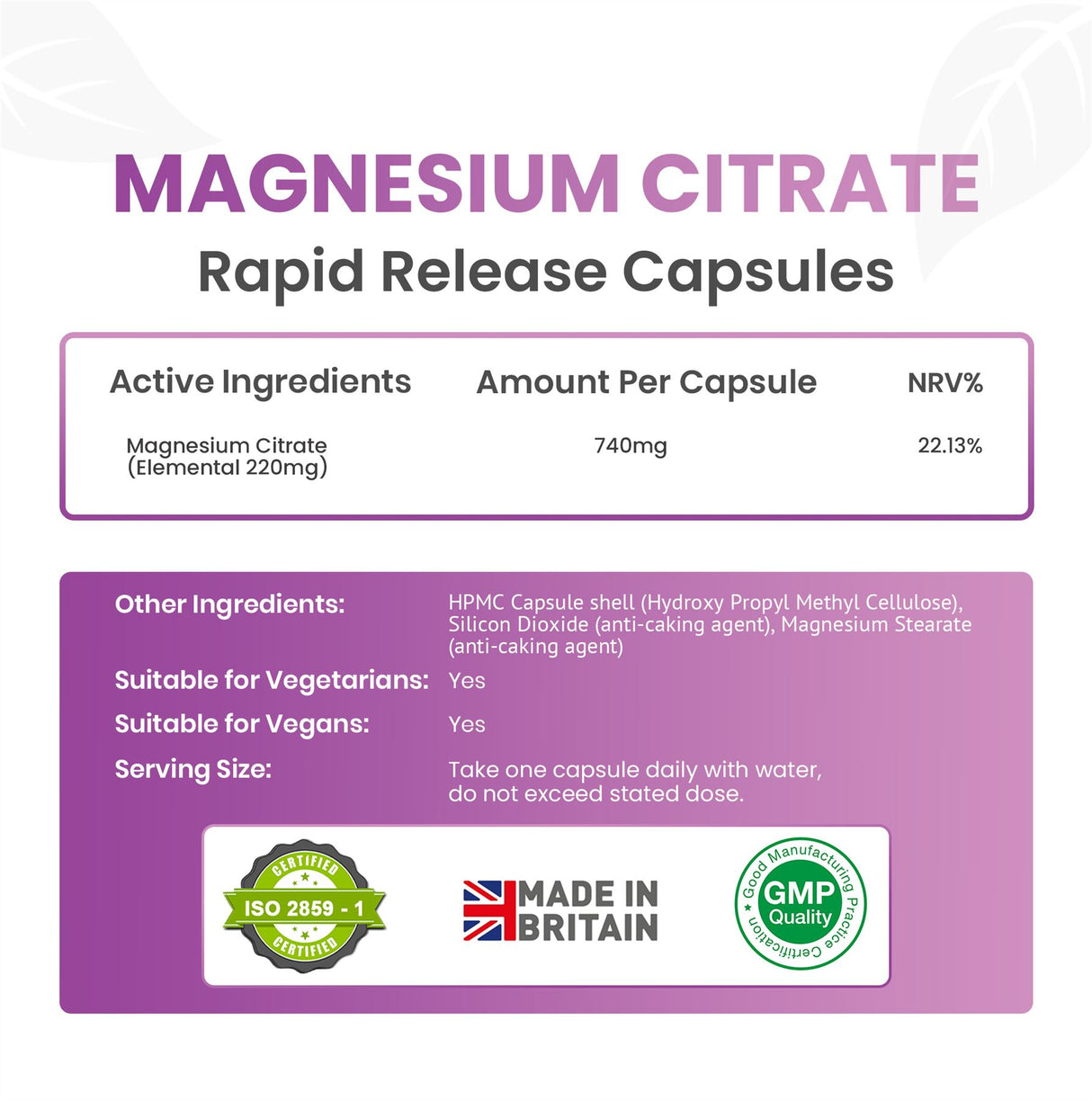 Magnesium Citrate 740mg - 30 Capsules High Strength Fatigue & PMS