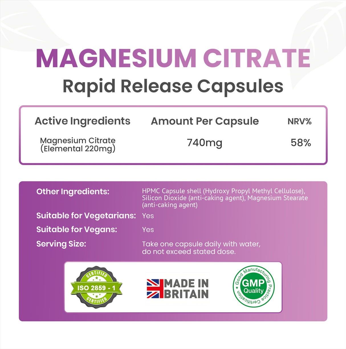 Magnesium Citrate 740mg 30 Capsules High Strength Fatigue & PMS