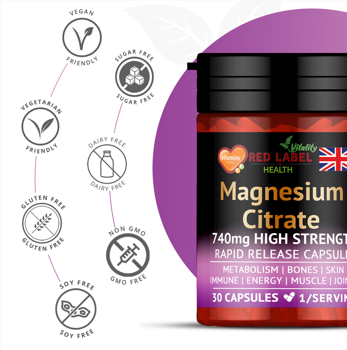 Magnesium Citrate 740mg 30 Capsules High Strength Fatigue & PMS