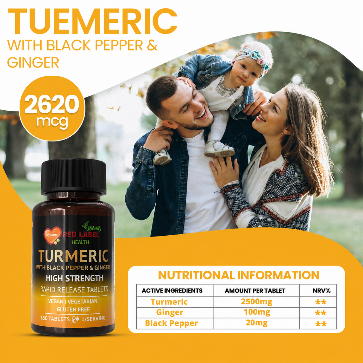 Turmeric 180 Tablets 2620mg with Black Pepper & Ginger