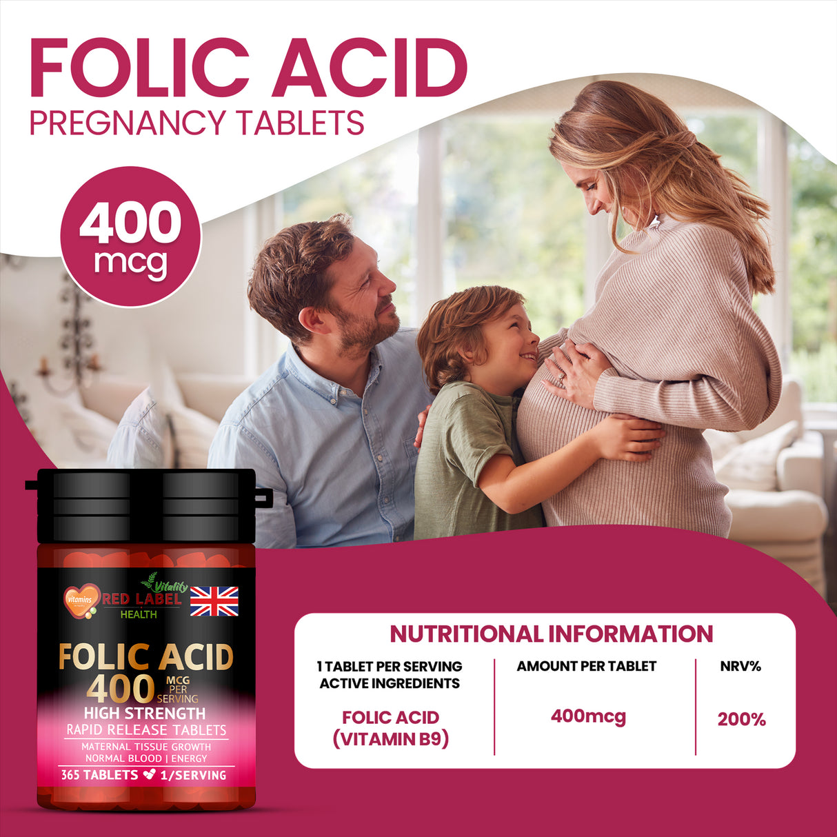 Folic Acid 400mcg - 365 Tablets