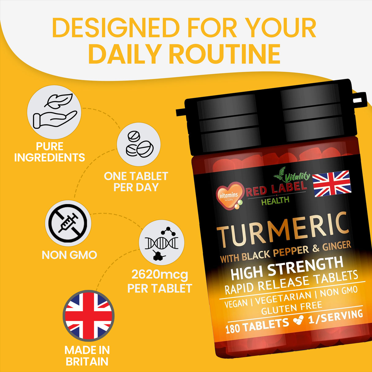 Turmeric 180 Tablets 2620mg with Black Pepper & Ginger
