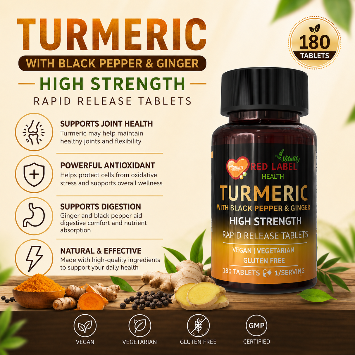 Turmeric 180 Tablets 2620mg with Black Pepper & Ginger