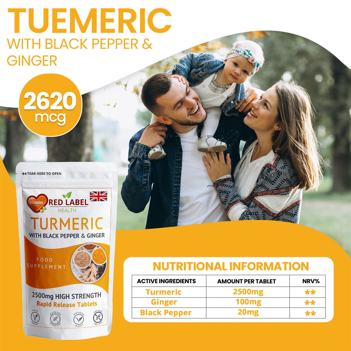 Turmeric 120 Tablets 2620mg with Black Pepper & Ginger