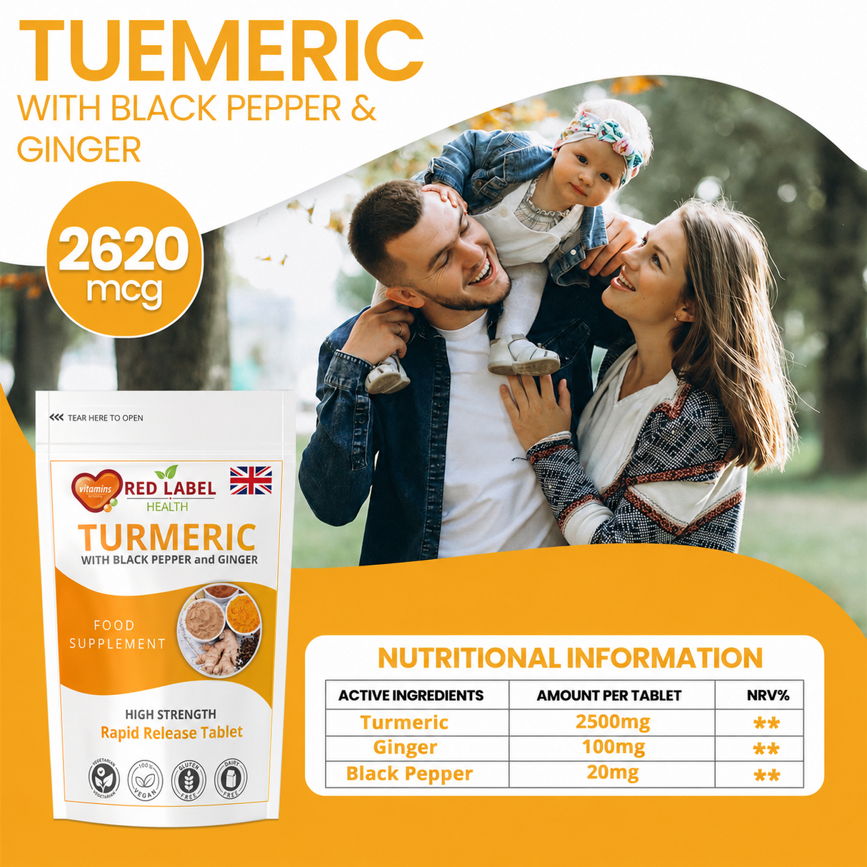 Turmeric 90 Tablets 2620mg with Black Pepper & Ginger